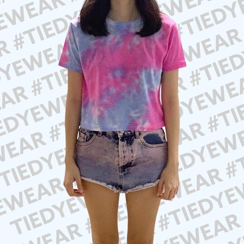 Purple Blue Tie Dye Short Sleeve Crop Top Hippie Basic Summer Round Neck T-shirt