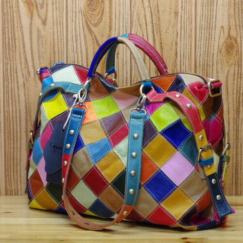 Women Color Clash 100% Genuine Cowhide Leather Handbag Tote Purse Shoulder Bag
