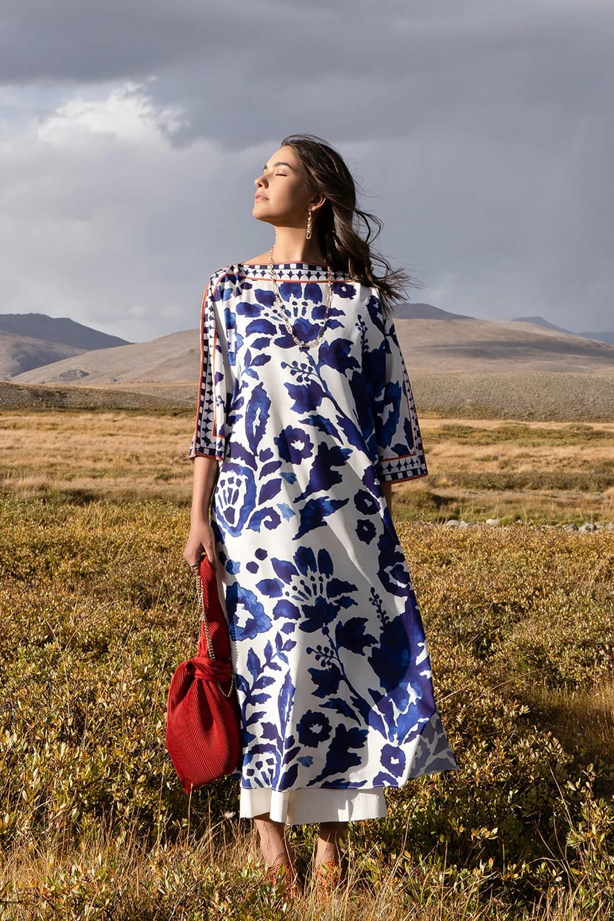 Boat Neck Organza Silk 2 Layer Kaftan Dress for Women
